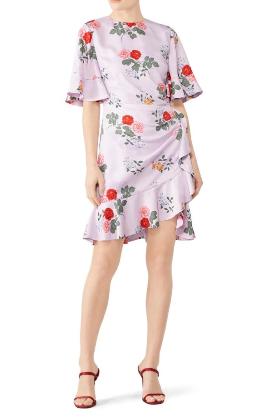 Keepsake Pretty One Mini Dress Asymmetric Ruffle Hem Floral Lilac Womens Size L